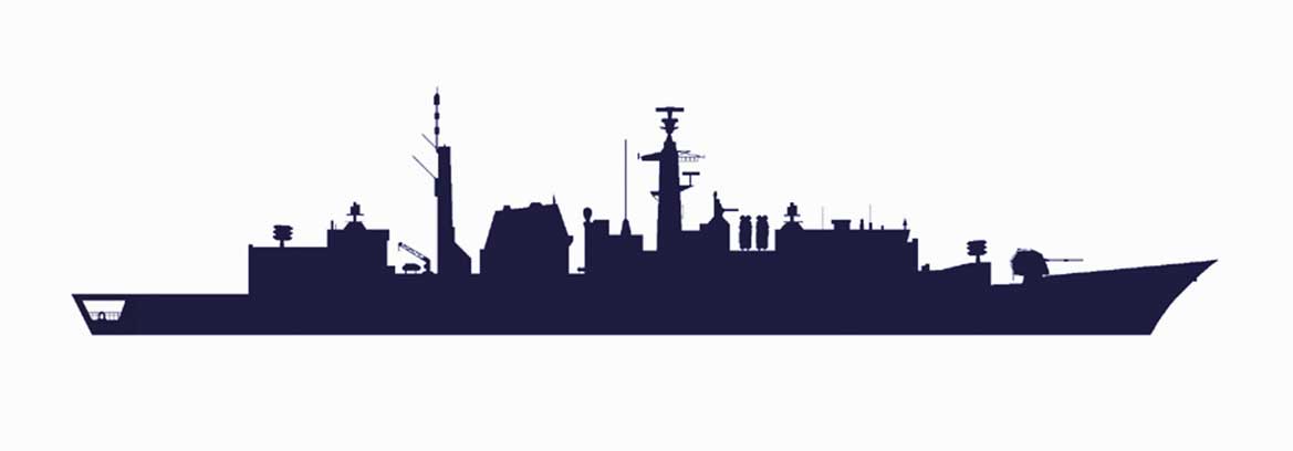 A silhouette graphic of a Type 22 (Batch 3) frigate, a type of warship unwisely discarded under the current government’s Strategic Defence and Security Review. Image: Dennis Andrews. Photo: Nigel Andrews.